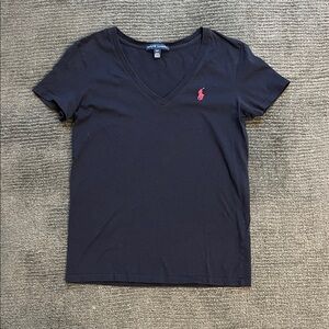Ralph Lauren Navy V-Neck Tee with Pink Logo